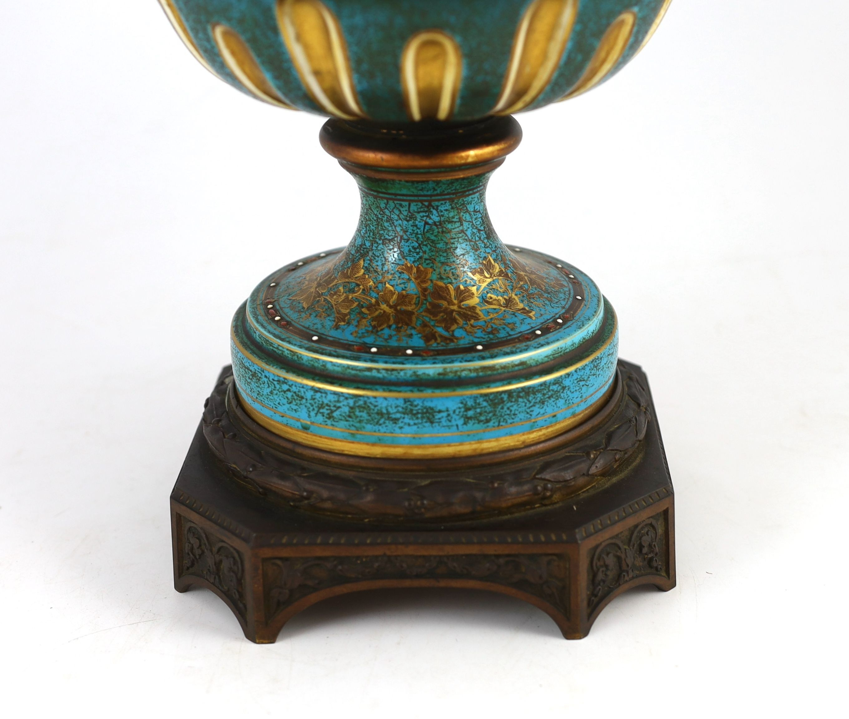 A large Sevres style porcelain ormolu mounted vase and cover, late 19th century, 61.5cm high, stained